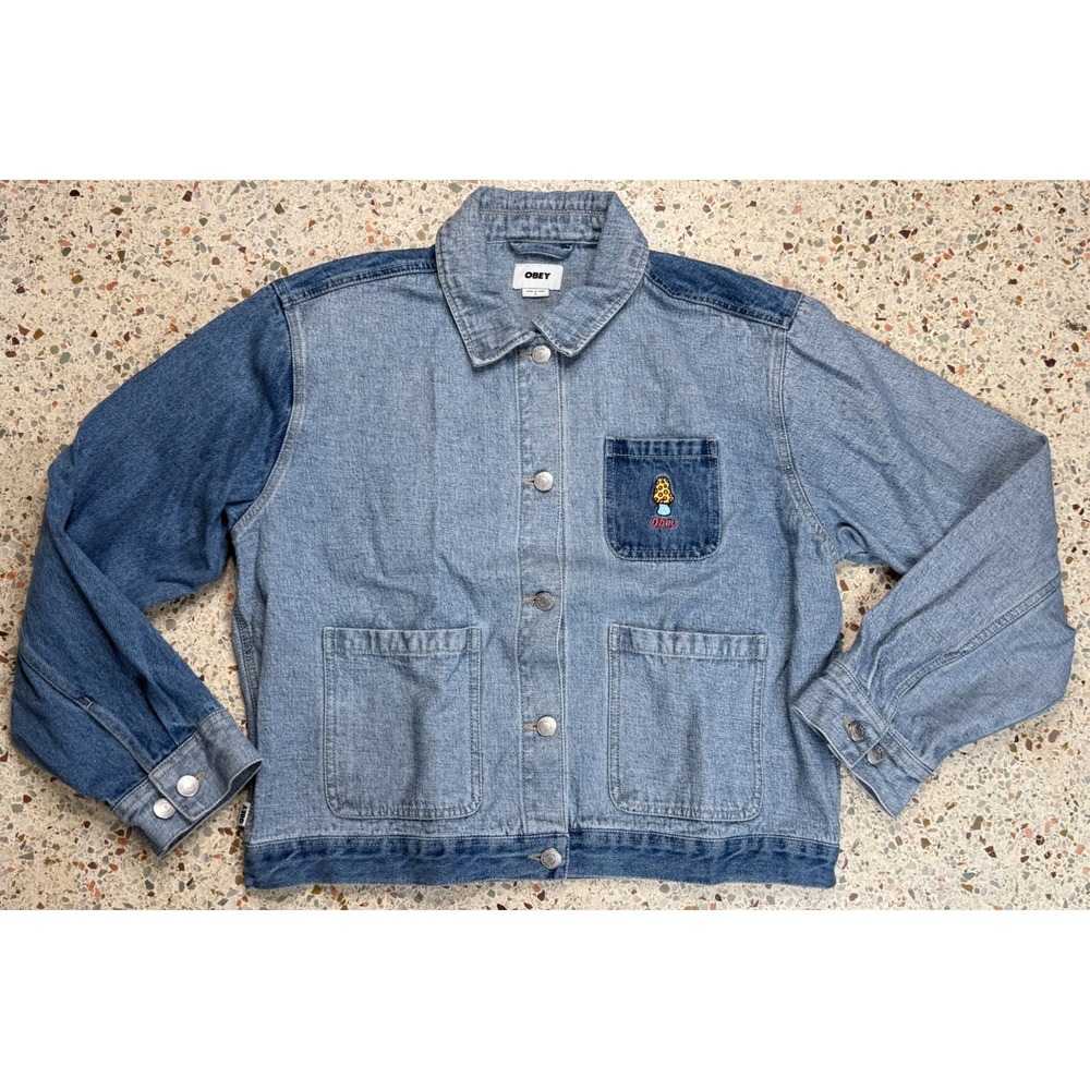 Obey Women's Mushroom Embroidered Front Pocket Denim Jacket Size Large